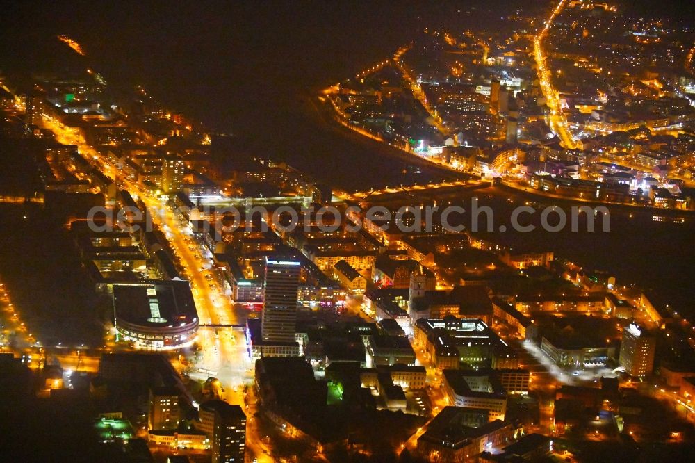 Aerial photograph at night Frankfurt (Oder) - Night lighting City center in the downtown area on the banks of river course of Oder in Frankfurt (Oder) in the state Brandenburg, Germany