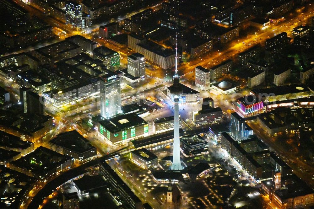 Aerial image at night Berlin - Night lighting The city center in the downtown area on tv- tower - Alexanderplatz in the district Mitte in Berlin, Germany