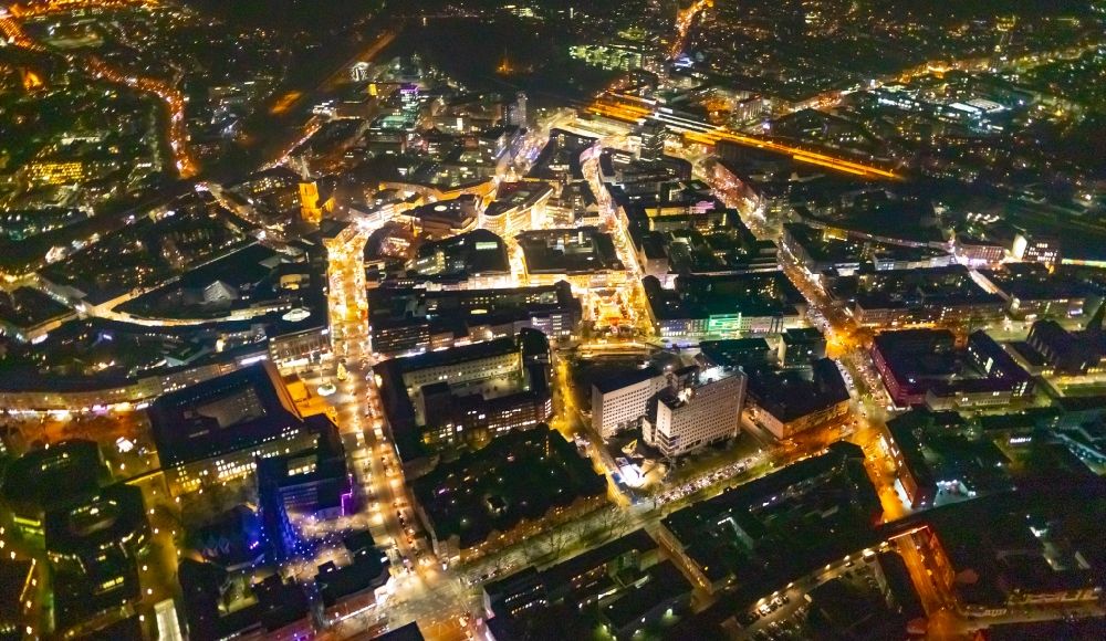 Bochum at night from the bird perspective: Night lighting the city center in the downtown area in Bochum in the state North Rhine-Westphalia, Germany