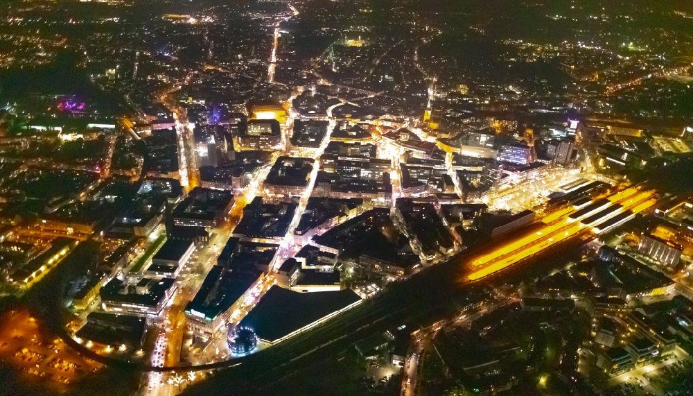 Aerial image at night Bochum - Night lighting the city center in the downtown area in Bochum in the state North Rhine-Westphalia, Germany
