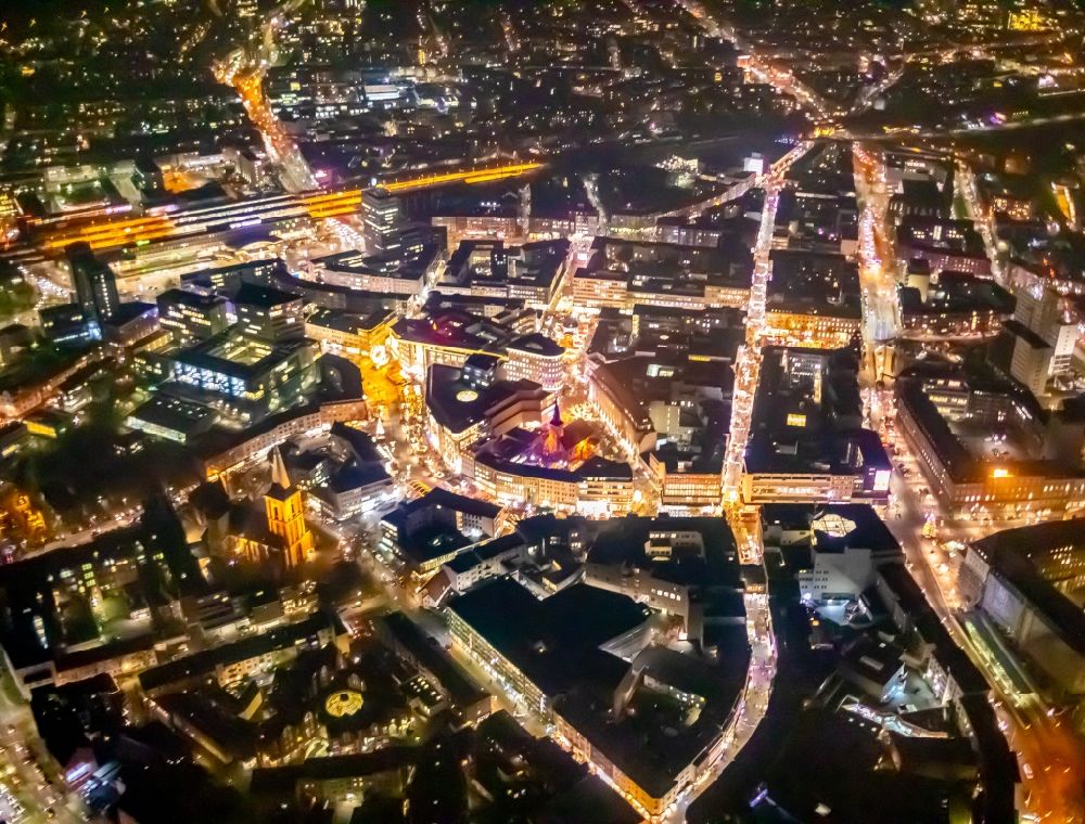 Aerial photograph at night Bochum - Night lighting the city center in the downtown area in Bochum in the state North Rhine-Westphalia, Germany