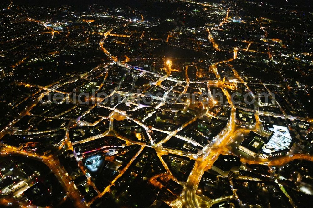 Braunschweig at night from the bird perspective: Night lighting The city center in the downtown area in Braunschweig in the state Lower Saxony, Germany