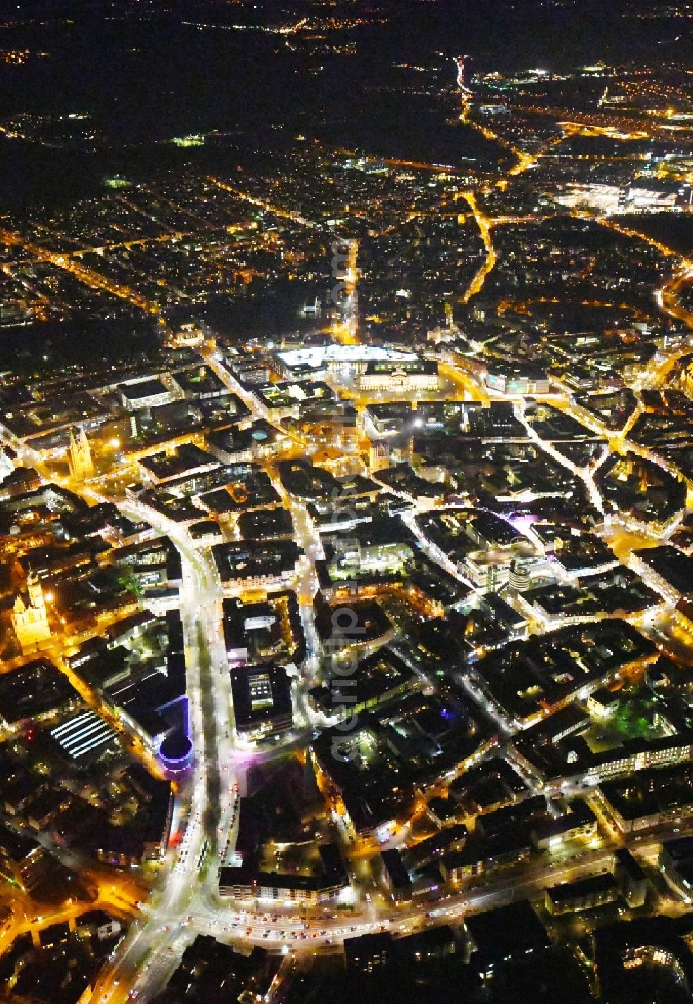 Aerial image at night Braunschweig - Night lighting The city center in the downtown area in Brunswick in the state Lower Saxony, Germany
