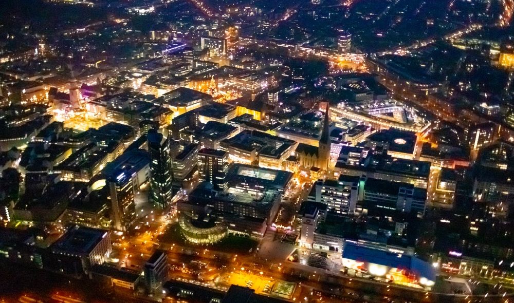 Aerial image at night Dortmund - Night lighting the city center in the downtown area in Dortmund in the state North Rhine-Westphalia, Germany