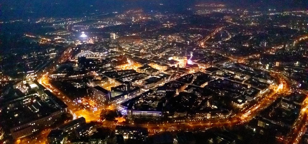 Dortmund at night from the bird perspective: Night lighting the city center in the downtown area in Dortmund in the state North Rhine-Westphalia, Germany