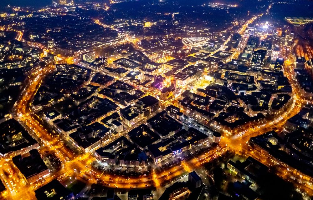 Aerial photograph at night Dortmund - Night lighting the city center in the downtown area in Dortmund in the state North Rhine-Westphalia, Germany