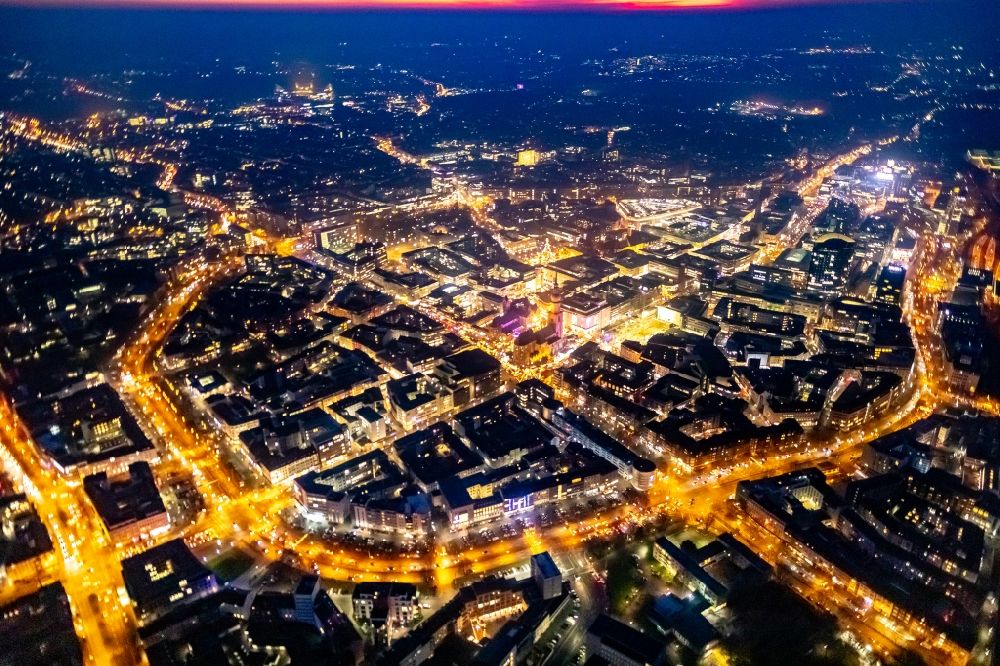 Aerial image at night Dortmund - Night lighting the city center in the downtown area in Dortmund in the state North Rhine-Westphalia, Germany