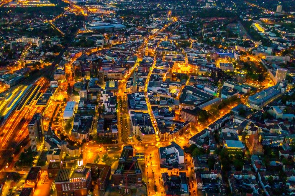 Dortmund at night from the bird perspective: Night lighting the city center in the downtown area in the district City-West in Dortmund at Ruhrgebiet in the state North Rhine-Westphalia, Germany