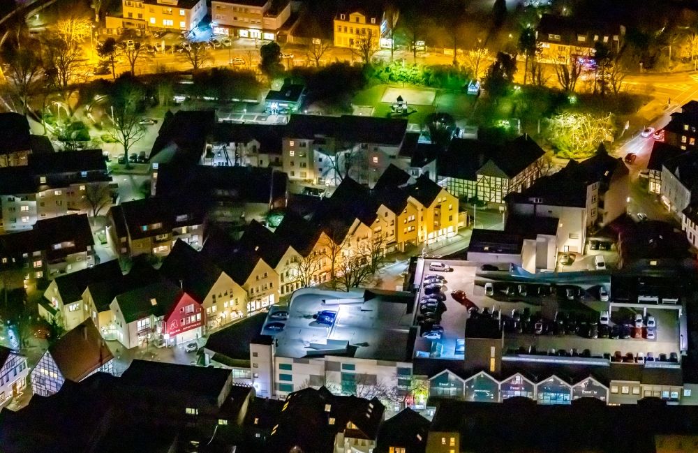 Aerial photograph at night Unna - Night lighting the city center in the downtown area along the Hertingerstrasse in Unna in the state North Rhine-Westphalia, Germany