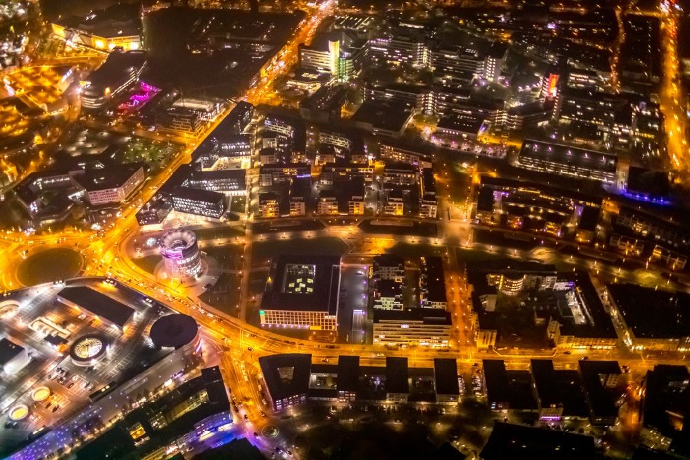 Aerial photograph at night Essen - Night lighting the city center in the downtown area in Essen in the state North Rhine-Westphalia, Germany