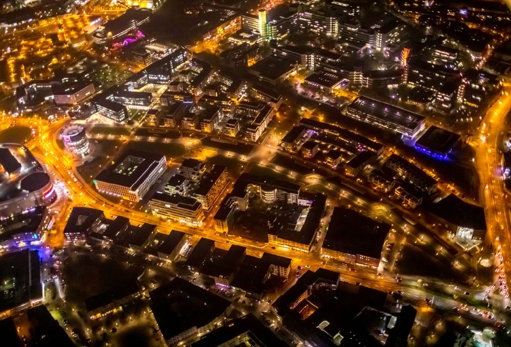 Essen at night from above - Night lighting the city center in the downtown area in Essen in the state North Rhine-Westphalia, Germany