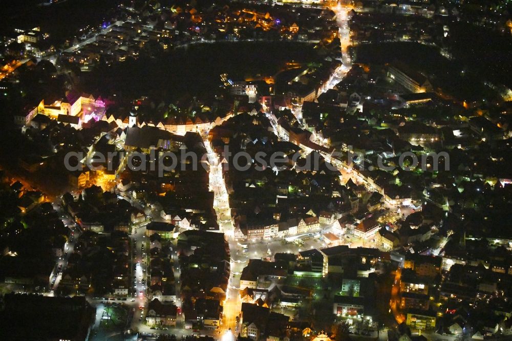 Aerial image at night Forchheim - Night lighting The city center in the downtown area in Forchheim in the state Bavaria, Germany