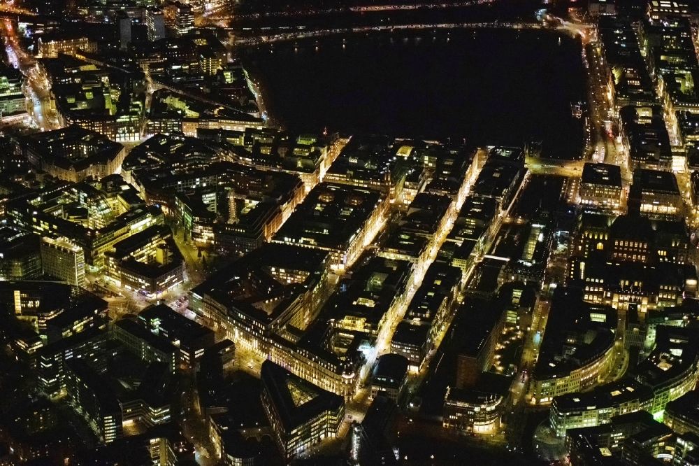Hamburg at night from the bird perspective: Night lighting the city center in the downtown are in Hamburg in Germany
