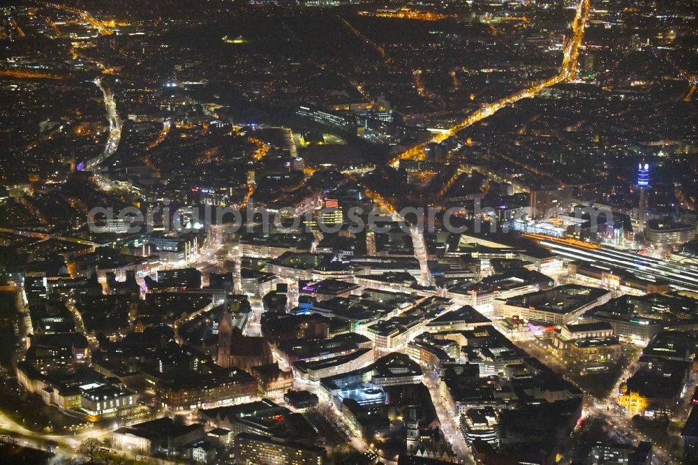Aerial photograph at night Hannover - Night lighting The city center in the downtown area in Hannover in the state Lower Saxony, Germany