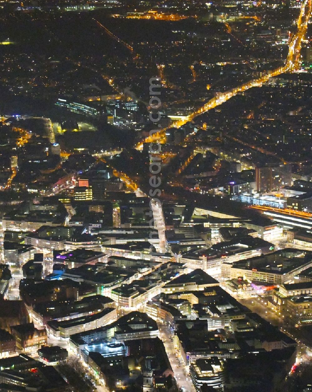 Aerial image at night Hannover - Night lighting The city center in the downtown area in Hannover in the state Lower Saxony, Germany