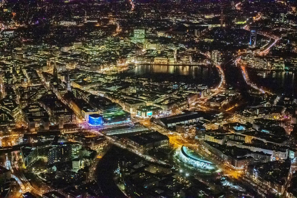 Hamburg at night from the bird perspective: Night lighting the city center in the downtown are in Hamburg in Germany