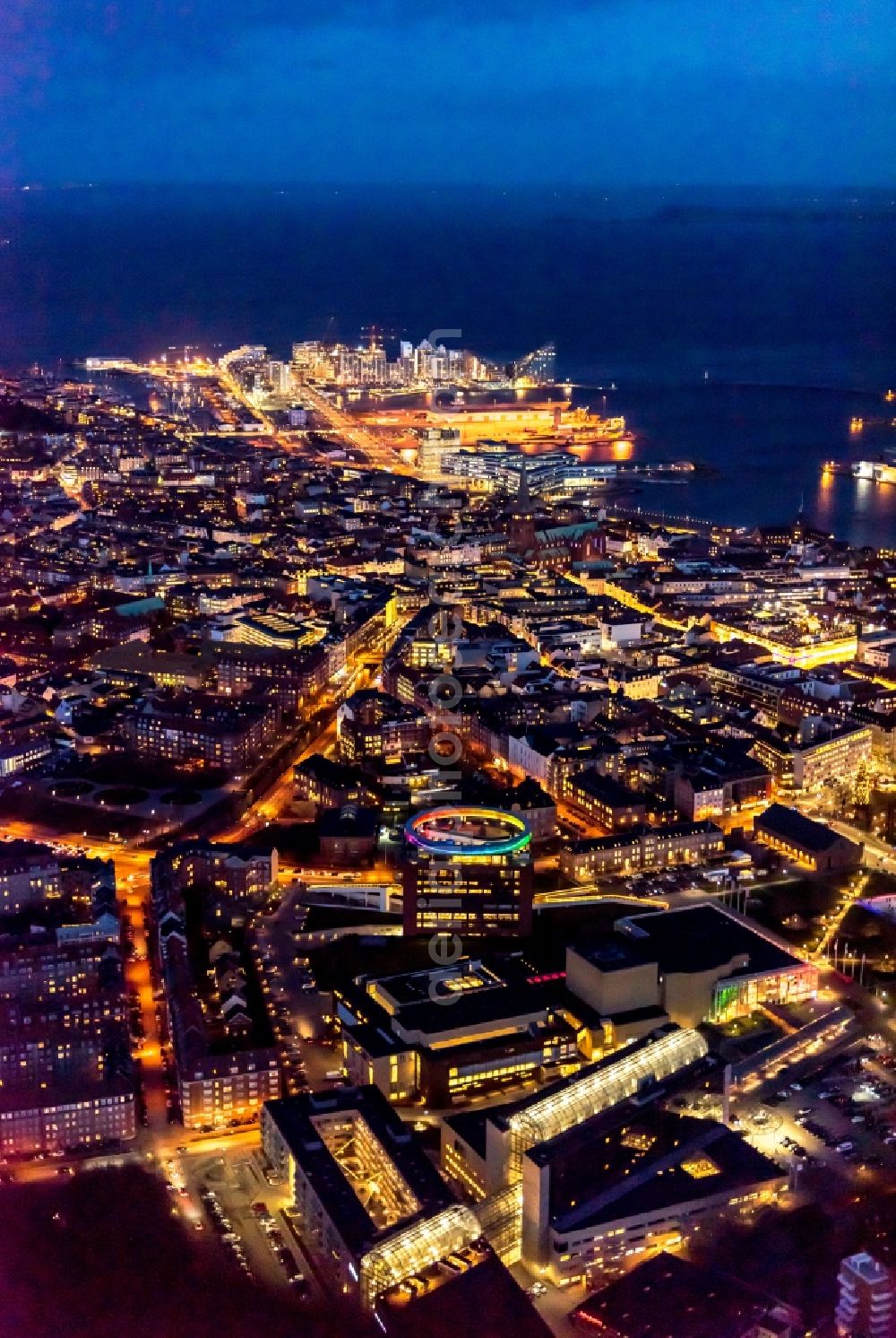 Aerial photograph at night Kopenhagen - Night lighting the city center in the downtown area in Copenhagen in Region Hovedstaden, Denmark