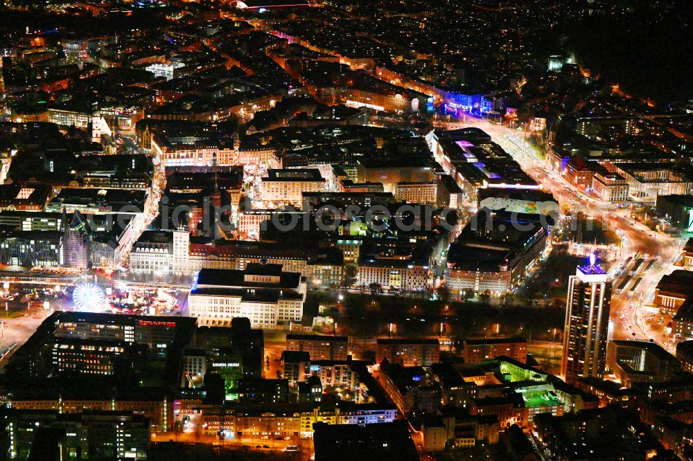 Leipzig at night from above - Night lighting the city center in the downtown area on place Willy-Brandt-Platz in the district Zentrum in Leipzig in the state Saxony, Germany