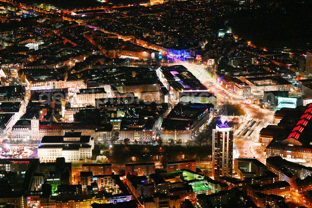 Leipzig at night from the bird perspective: Night lighting the city center in the downtown area on place Willy-Brandt-Platz in the district Zentrum in Leipzig in the state Saxony, Germany