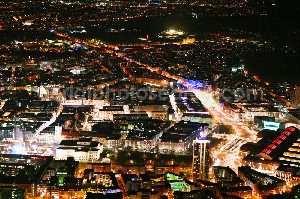 Aerial photograph at night Leipzig - Night lighting the city center in the downtown area on place Willy-Brandt-Platz in the district Zentrum in Leipzig in the state Saxony, Germany