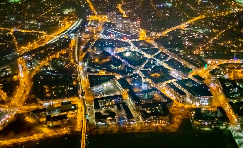 Aerial photograph at night Mülheim an der Ruhr - Night lighting the city center in the downtown area in Muelheim on the Ruhr in the state North Rhine-Westphalia, Germany
