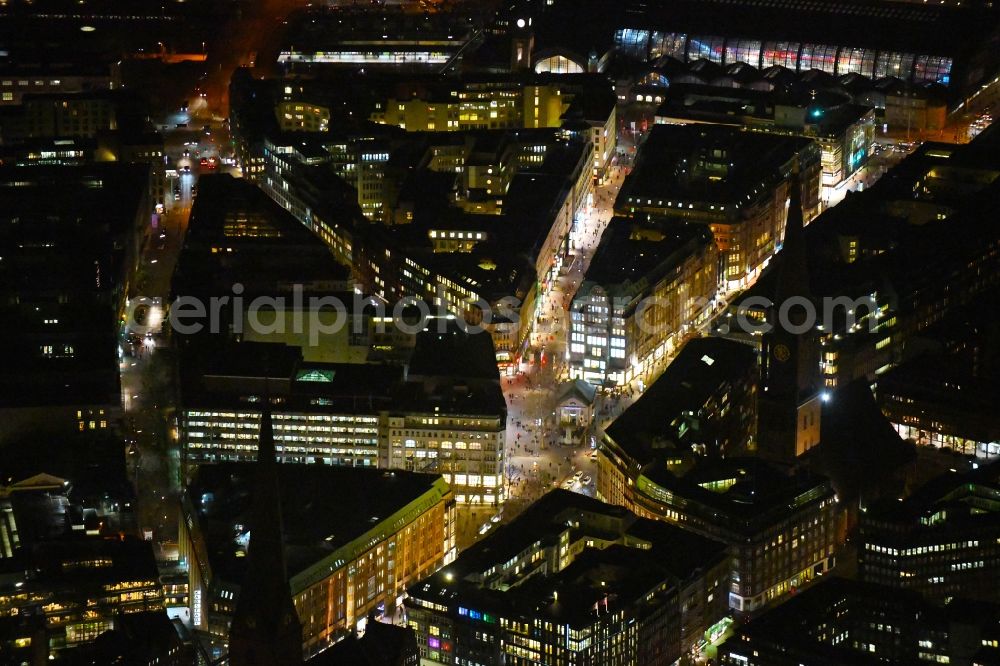 Hamburg at night from above - Night lighting the city center in the downtown area Moenckebergstrasse - Spitalerstrasse in the district Neustadt in Hamburg, Germany