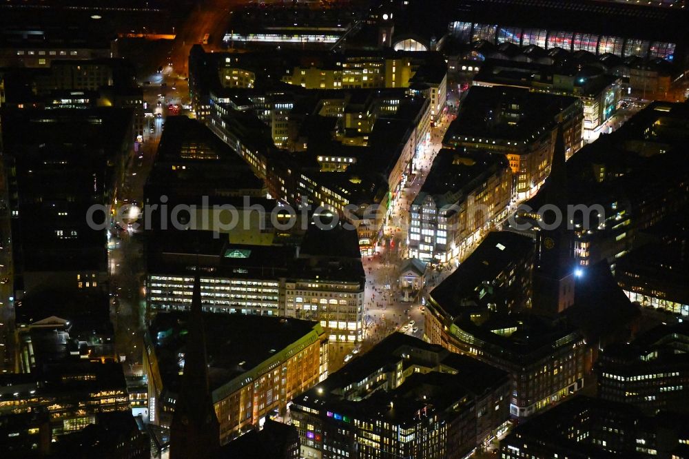 Hamburg at night from the bird perspective: Night lighting the city center in the downtown area Moenckebergstrasse - Spitalerstrasse in the district Neustadt in Hamburg, Germany