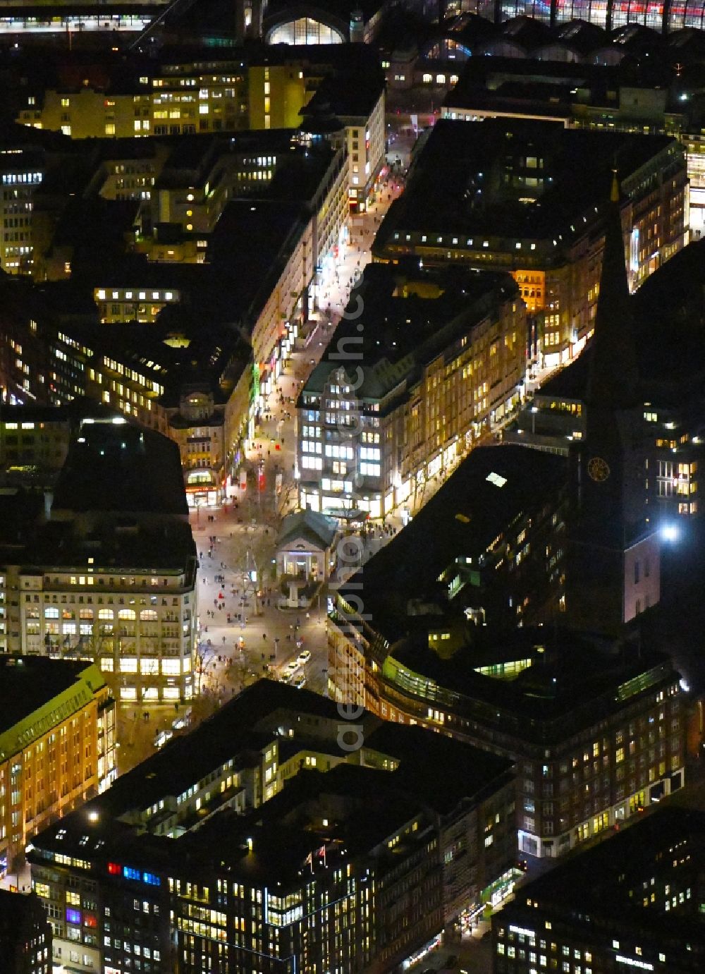 Aerial photograph at night Hamburg - Night lighting the city center in the downtown area Moenckebergstrasse - Spitalerstrasse in the district Neustadt in Hamburg, Germany