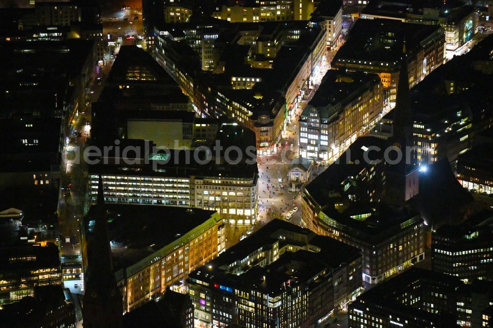 Aerial image at night Hamburg - Night lighting the city center in the downtown area Moenckebergstrasse - Spitalerstrasse in the district Neustadt in Hamburg, Germany