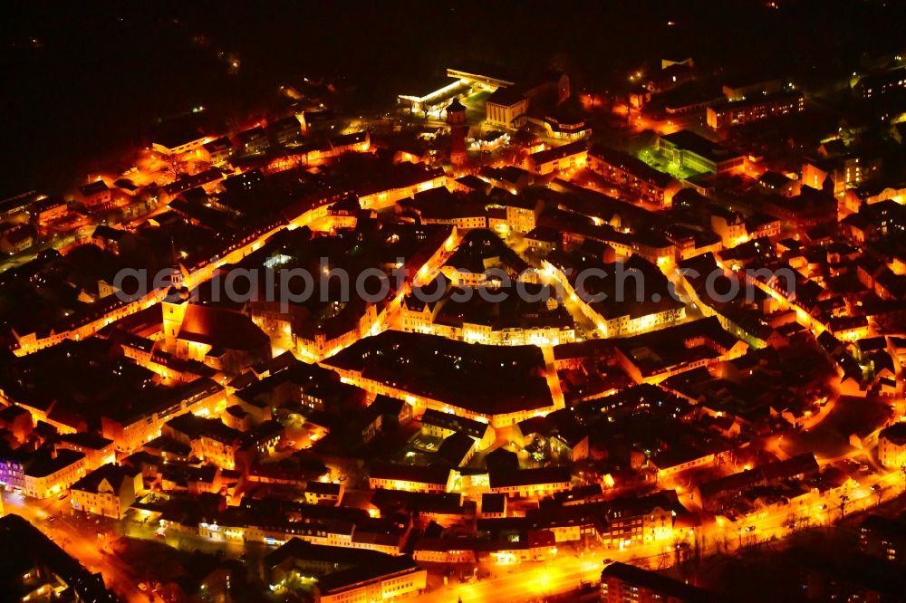 Aerial image at night Nauen - Night lighting the city center in the downtown area in Nauen in the state Brandenburg, Germany