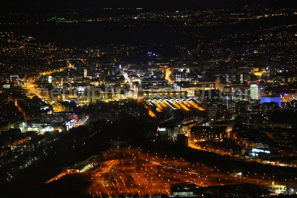 Stuttgart at night from above - Night lighting the city center in the downtown area overlooking the Central Station in the district Stuttgart-Mitte in Stuttgart in the state Baden-Wurttemberg, Germany
