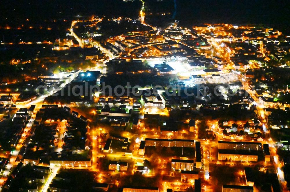 Oschersleben (Bode) at night from above - Night lighting the city center in the downtown area in Oschersleben (Bode) in the state Saxony-Anhalt, Germany