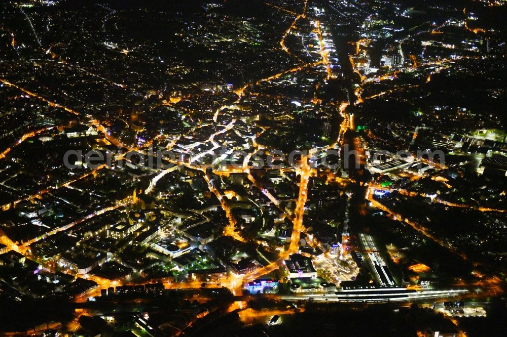 Aerial photograph at night Osnabrück - Night lighting The city center in the downtown area in Osnabrueck in the state Lower Saxony, Germany