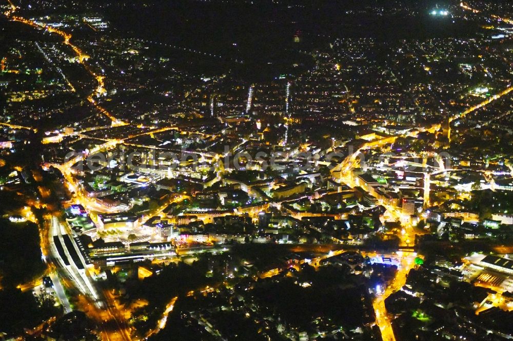 Osnabrück at night from the bird perspective: Night lighting The city center in the downtown area in Osnabrueck in the state Lower Saxony, Germany