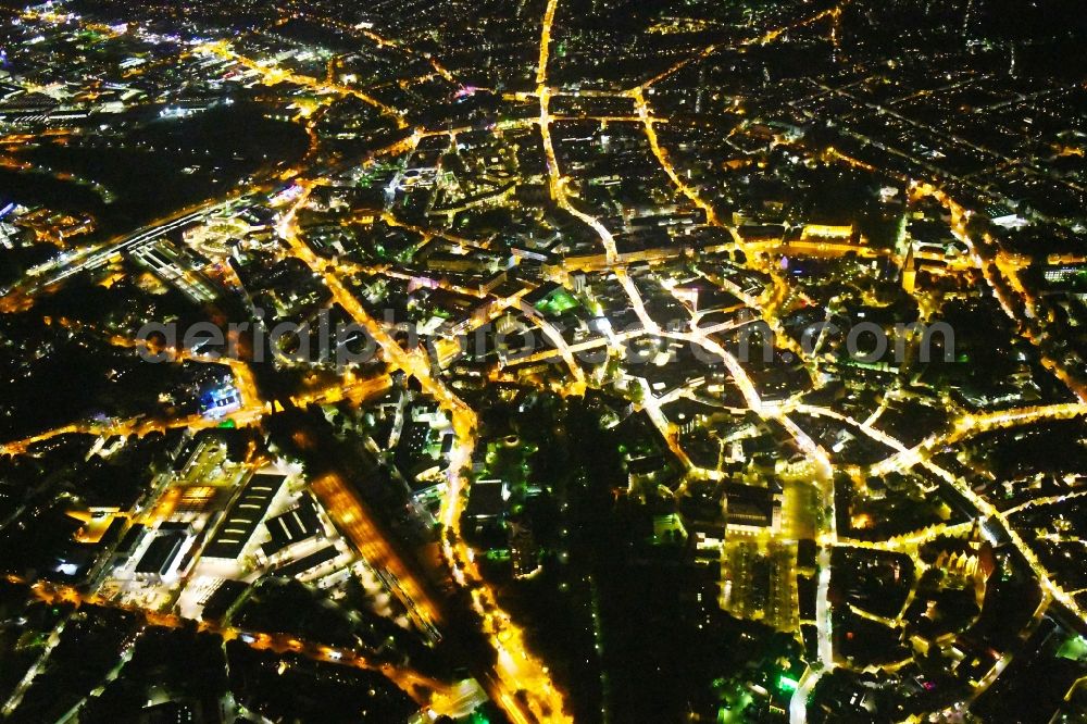 Aerial image at night Osnabrück - Night lighting The city center in the downtown area in Osnabrueck in the state Lower Saxony, Germany