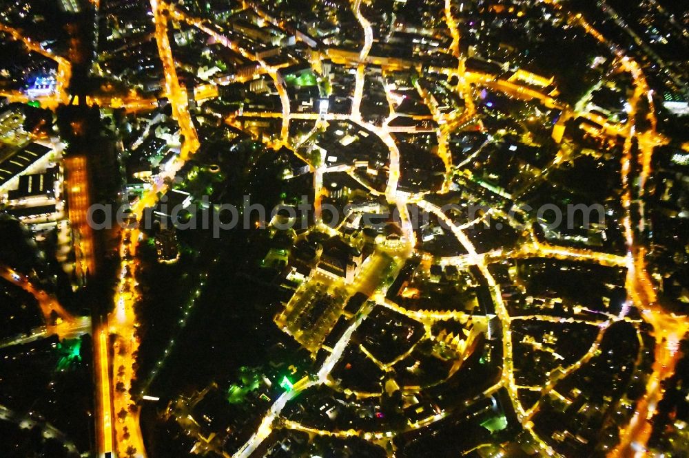 Aerial photograph at night Osnabrück - Night lighting The city center in the downtown area in Osnabrueck in the state Lower Saxony, Germany