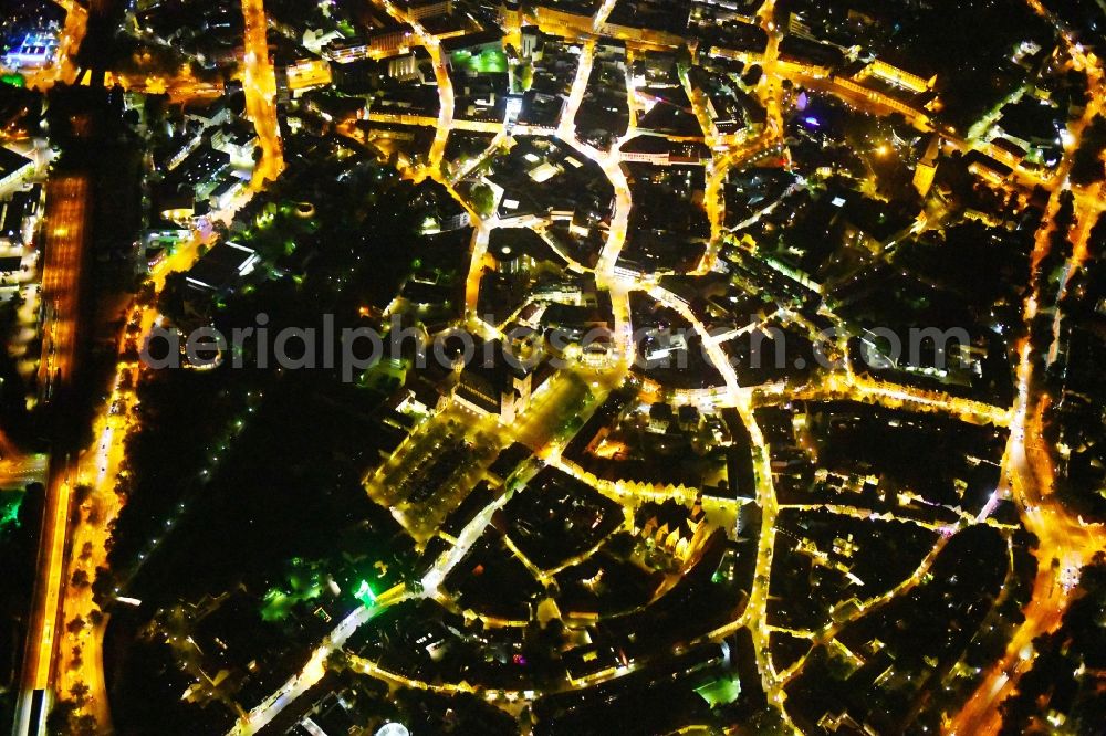 Aerial image at night Osnabrück - Night lighting The city center in the downtown area in Osnabrueck in the state Lower Saxony, Germany