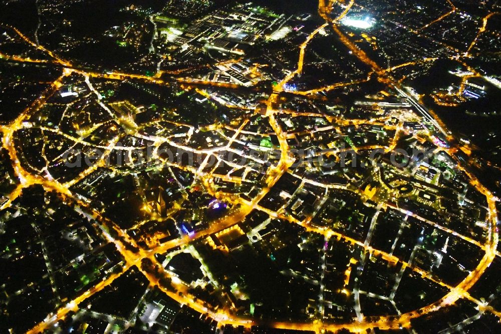 Osnabrück at night from above - Night lighting The city center in the downtown area in Osnabrueck in the state Lower Saxony, Germany