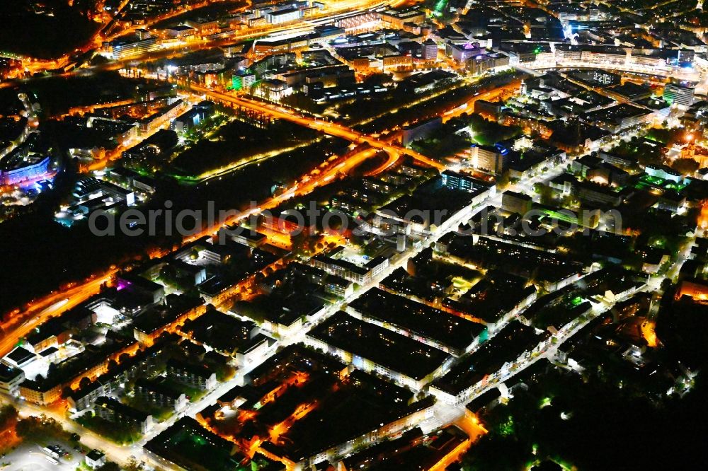 Aerial photograph at night Saarbrücken - Night lighting the city center in the downtown area in the district Alt-Saarbruecken in Saarbruecken in the state Saarland, Germany