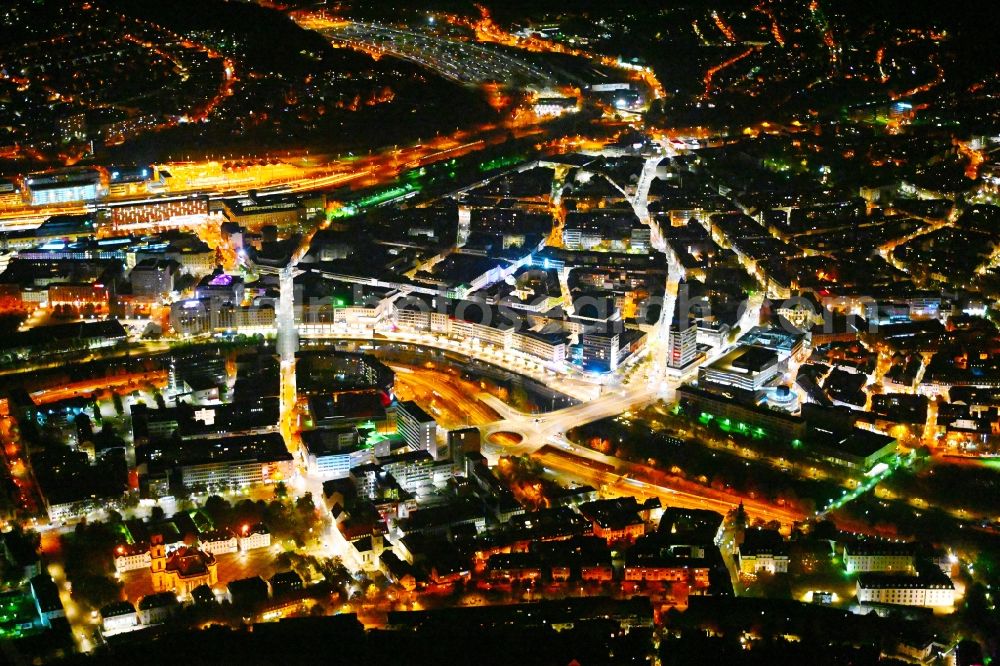 Aerial image at night Saarbrücken - Night lighting the city center in the downtown area in the district Sankt Johann in Saarbruecken in the state Saarland, Germany