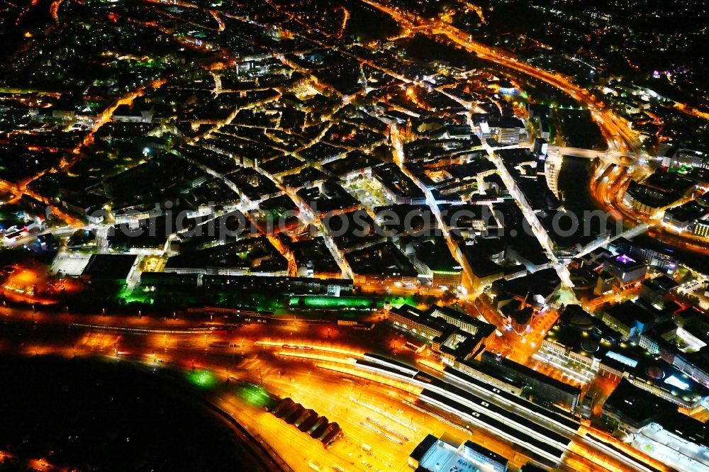 Saarbrücken at night from the bird perspective: Night lighting the city center in the downtown area in the district Sankt Johann in Saarbruecken in the state Saarland, Germany