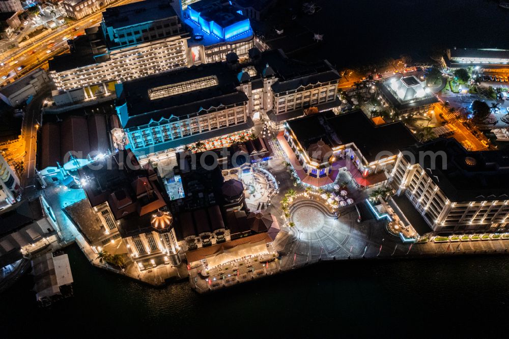 Aerial photograph at night Port Louis - Night lighting city center in the city center on the beach shore Port Louis Waterfront by Landscope Mauritius on street Quay Street in Port Louis on street Quay Street in Port Louis District, Mauritius