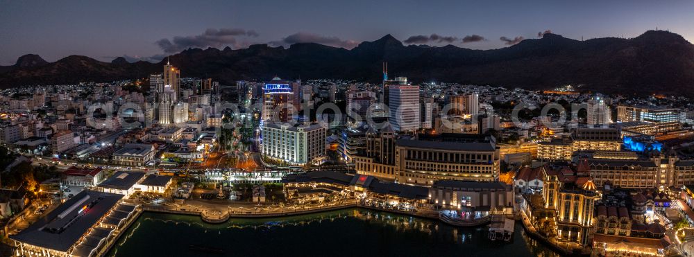 Aerial image at night Port Louis - Night lighting city center in the city center on the beach shore Port Louis Waterfront in Port Louis in Port Louis District, Mauritius