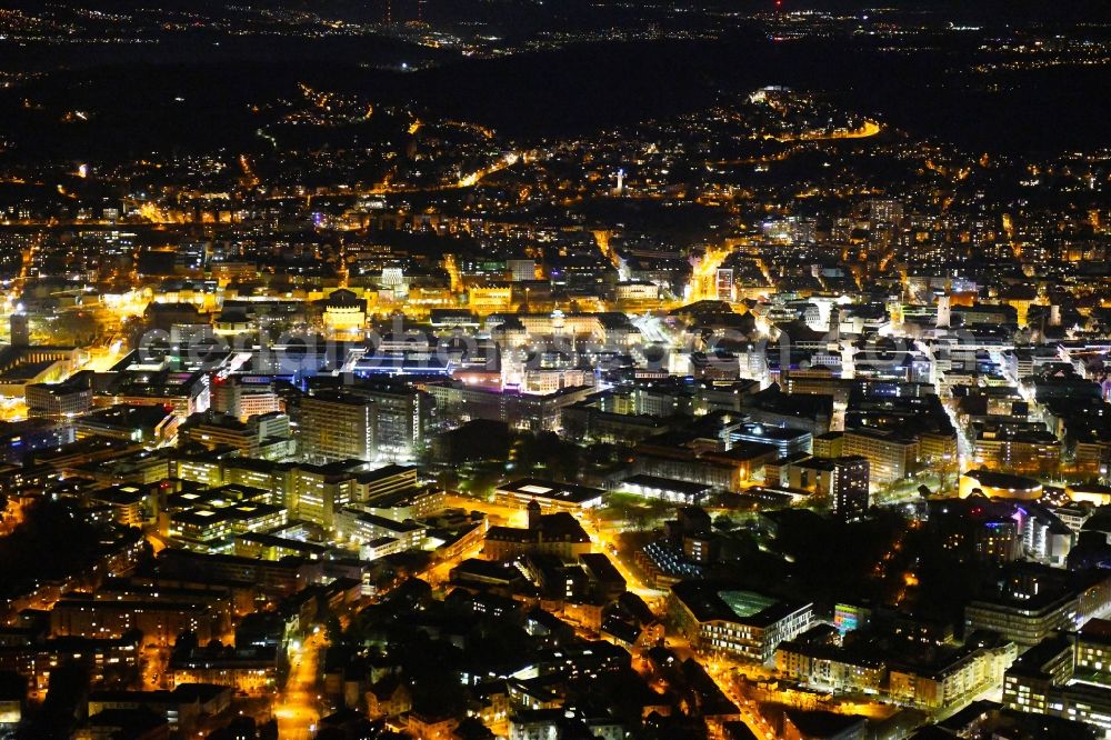 Aerial image at night Stuttgart - Night lighting the city center in the downtown area in Stuttgart in the state Baden-Wurttemberg, Germany