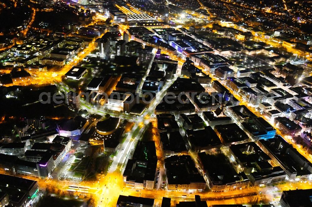 Stuttgart at night from the bird perspective: Night lighting the city center in the downtown area in Stuttgart in the state Baden-Wurttemberg, Germany