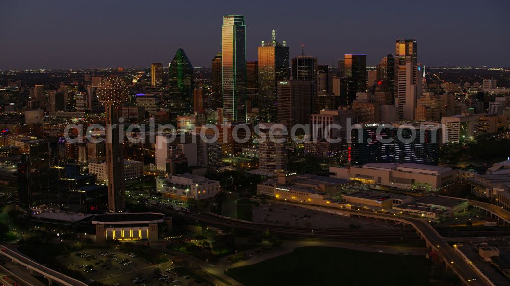 Aerial photograph at night Dallas - Night lighting city center with the skyline in the downtown area in Dallas in Texas, United States of America