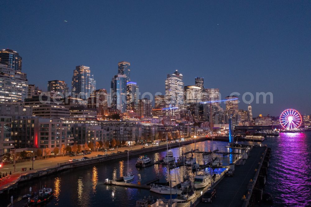 Seattle at night from above - Night lighting city center with the skyline in the downtown area in Seattle in Washington, United States of America