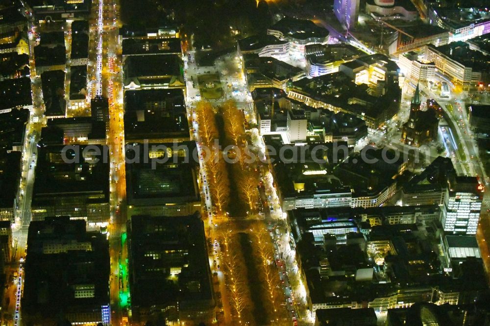 Düsseldorf at night from the bird perspective: Night lighting street guide of famous promenade and shopping street Koenigsallee in the district Stadtmitte in Duesseldorf in the state North Rhine-Westphalia, Germany