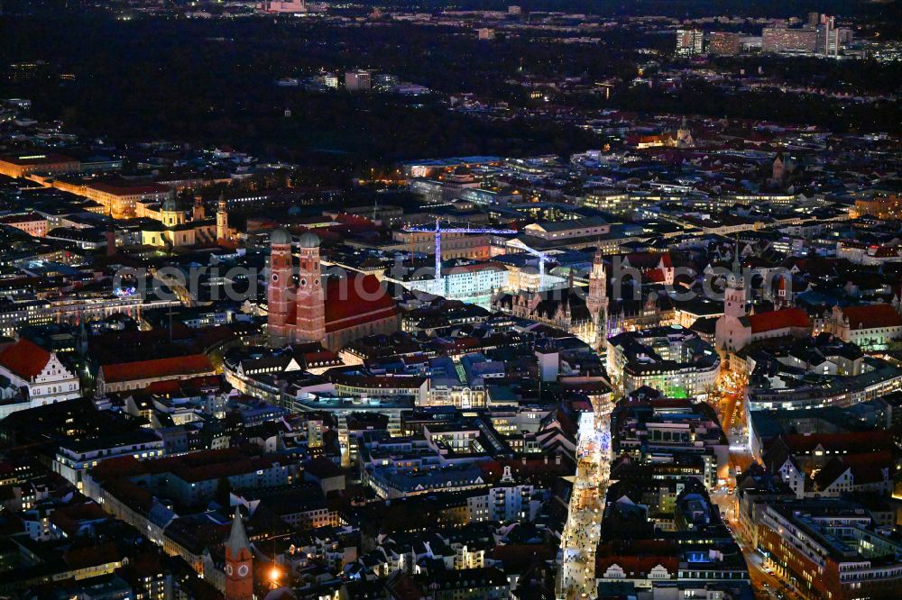 München at night from above - Night lighting street guide of famous promenade and shopping street on street Sendlinger Strasse - Oberanger in the district Altstadt in Munich in the state Bavaria, Germany