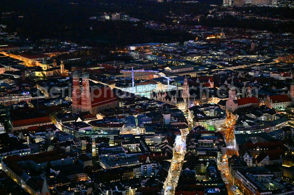 München at night from the bird perspective: Night lighting street guide of famous promenade and shopping street on street Sendlinger Strasse - Oberanger in the district Altstadt in Munich in the state Bavaria, Germany